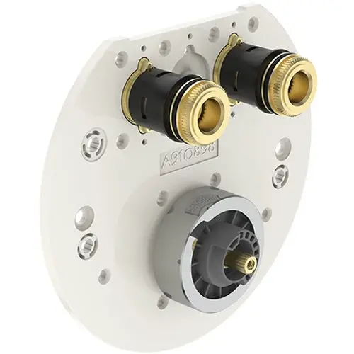 Ideal Standard Produkt mit einer runden, weißen Montageplatte und zwei schwarzen Anschlussbuchsen. Die Bauform deutet auf eine Anwendung im Badezimmer hin.